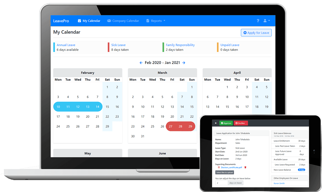 An online leave tracker gives employees and managers easy access to leave LeavePro screenshot showing employee leave calendar and leave approval screen