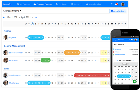 The company leave calendar lets you see who will be on leave in the upcoming months. LeavePro screnshot showing company leave calendar